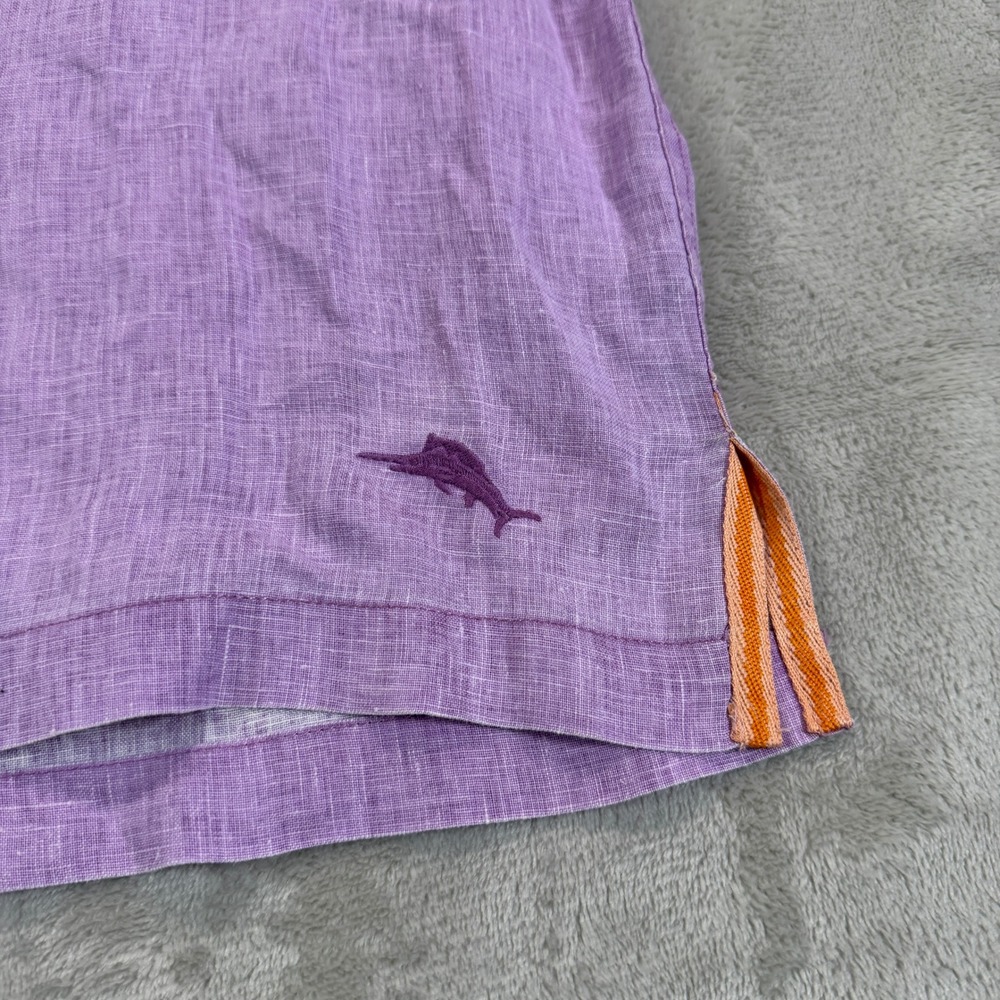 Tommy Bahama Mens Large Purple 100% Linen Short Sleeve Button Front Shirt Logo - Picture 2 of 8